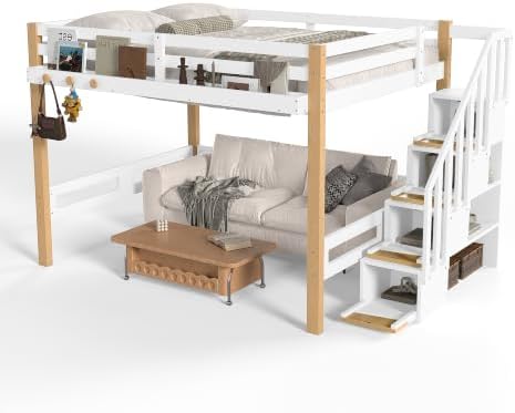 KEIKI Full Size Wooden Loft Bed Frame with Staircase, Clothes Hook, White