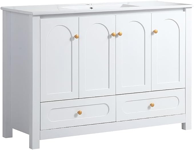 LUMISOL 48 Inch Bathroom Vanity with Sink, Freestanding Bathroom Vanity Cabinet with 4 Soft-Close Doors & 2 Drawers, Modern Painted Vanity with Single Resin Sink, White