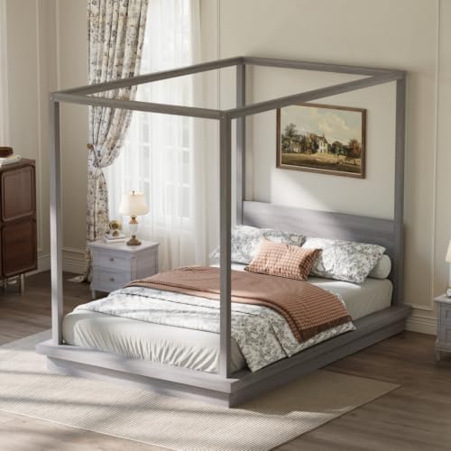 Queen Size Canopy Bed with Headboard (Gray)