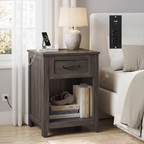 VASAGLE Farmhouse Nightstand with Charging Station, Drawer