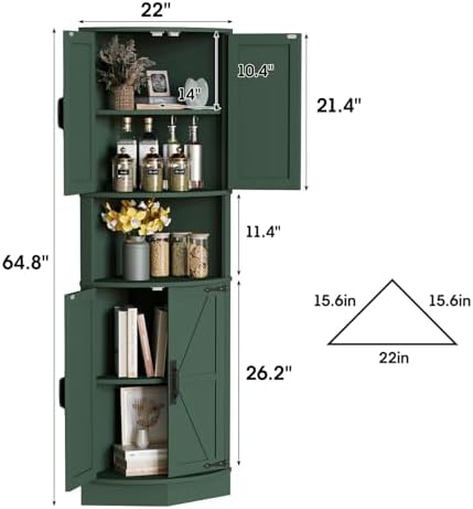 Vabches 64.8" Tall Farmhouse Corner Cabinet with 4 Doors and 5 Storage Shelves, Farmhouse Storage Cabinet with Barn Door Design, Home Space Saver for Living Room, Kitchen, Laundry Room,Green