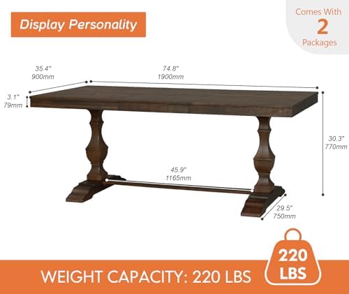WAMPAT 74.8-inch Long Vintage Farmhouse Dining Table for 6-8 People
