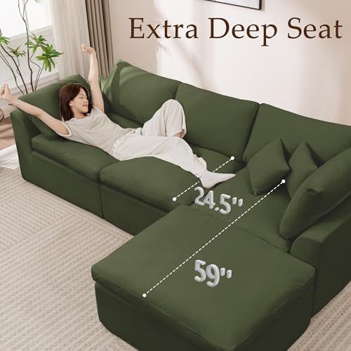 Korser 110" Cloud Boneless Couches for Living Room, Modern Modular Sectional Sofa with Ottoman, Sectional Cloud Couch with Comfy Deep Seats, Fluffy Chenille L-Shape Sofa Couch for Living Room, Green
