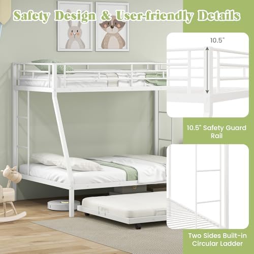 Giantex Twin Over Full Bunk Bed with Trundle, Heavy-Duty Metal Triple Bunk Beds w/Two Side Ladders & Safety Guard Rail, 3 in 1 Bunk Beds for Kids Teens, No Box Spring Needed,White
