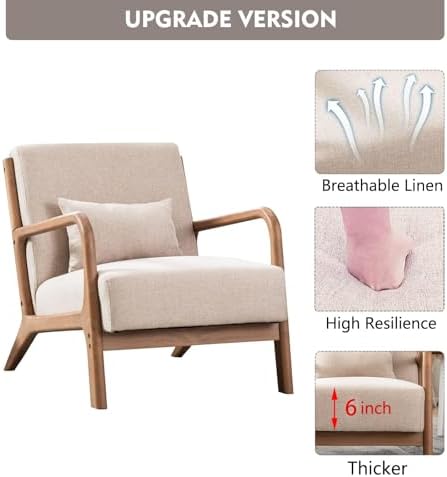 ANJ Mid Century Modern Accent Chairs Set of 2, Single Fabric Lounge Reading Armchair with Solid Wood Frame, Easy Assembly Arm Chairs for Living Room Beige 2