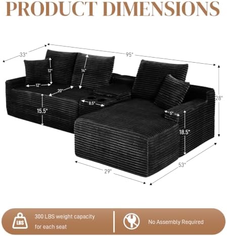 95" L Shaped Cloud Couch Modular Sectional Sofa, Comfy Fluffy Corduroy Black Boneless Sectional Couches for Living Room, Modern Cloud Sofas with Cup Holders & Right Facing Chaise, Black