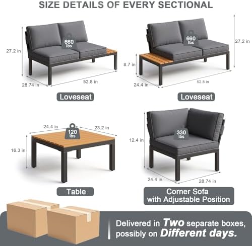 5-Person Outdoor Patio Furniture Set, Durable Metal Frame Outdoor Sectional with Wood-Look Table & Waterproof Cushions, All-Weather Conversation Set for Garden, Balcony, Poolside-Grey