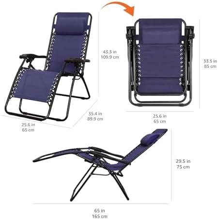 Amazon Basics Zero Gravity Lounge Chair with Pillow, Foldable Outdoor Reclining Chair for Patio and Beach, Weather-Resistant Textilene, 300 lb Capacity, 26", Navy Blue