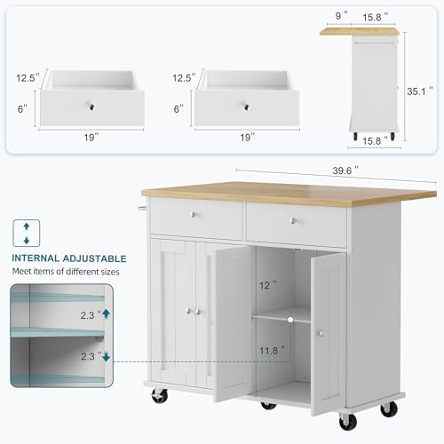 Shintenchi Kitchen Island with Drop Leaf, Rolling Kitchen Cart with Storage on Wheels, Table Bar Cart for Kitchen with Towel Rack & Seating Area for Dining Room, White