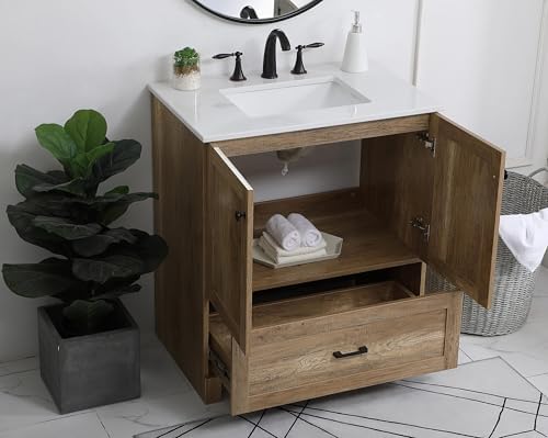 30" Pre-Assembled Bathroom Vanity with Sink, Engineered Wood, Ivory White Engineered Marble Countertop Attached, Single Rectangle Porcelain Sink, 1 Soft-Close Drawers, Natural Oak