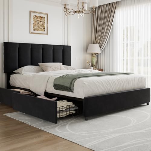 VECELO Full Size Bed Frame with 4 Storage Drawers, Adjustable Height Headboard, Heavy-Duty Platform Bedframe with Strong Wooden Slats, No Box Spring Needed, Black