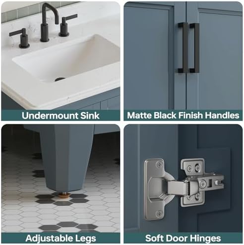 36" Bathroom Vanity with Sink, Fully Assembled, Steel Blue | Freestanding Solid Wood Bathroom Vanities with Quartz Countertop & Backsplash, Soft Close Doors & Dovetail Drawer