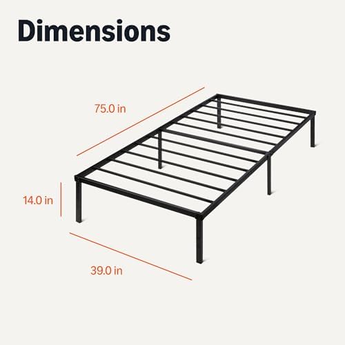 Amazon Basics Metal Bed Frame, Non-Foldable Platform Bed, Easy Assembly, Twin, 39W x 75L x 14H in, Black