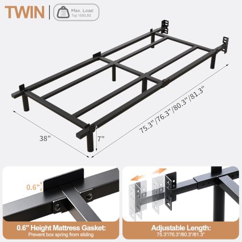 Twin Size 7 Inch Low Profile Metal Platform Bed Frames, Adjustable Length