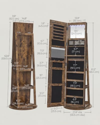 SONGMICS HOME LED Standing Jewelry Armoire, Vanity Mirror with Storage | Full Length Mirror with Lights, Lockable Large Jewelry Box, Space-Saving Jewelry Organizer, Rustic Brown UJJC008X01SH
