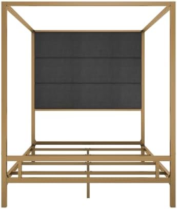 Merax Queen Canopy Bed Frame with Tall Linen Headboard, Metal 4 Poster Bed