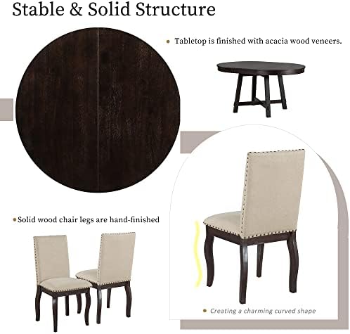 LUMISOL Round Dining Table Set for 4, Farmhouse Kitchen Table Set with Round Extendable Dining Table and 4 Upholstered Dining Chairs, Espresso