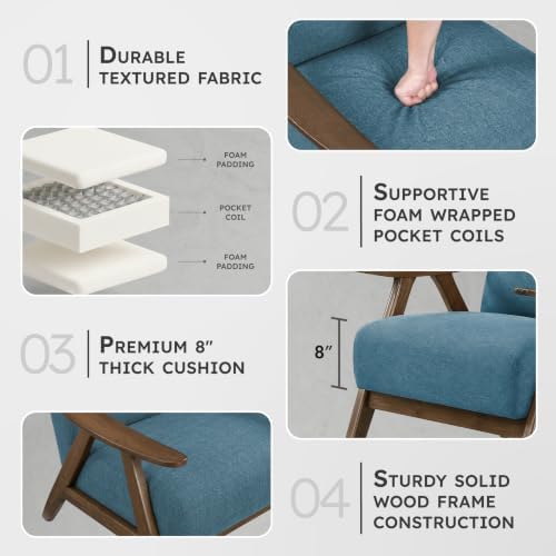 Lexicon Mid Century Modern Accent Chair with Solid Wood Frame in Walnut Finish, Upholstered Living Room Lounge Arm Chair, Thick and Comfy Innerspring Seat Cushion, Linen-Look Fabric, Blue