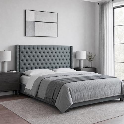 Madison Park Queen Wingback Upholstered Tufted Headboard, Featuring High-Density Sponge Padding, Adjustable Height Headboard, Easy Assembly, Dark Grey Woven