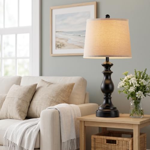 PARTPHONER Traditional Table Lamp Set of 2, Rustic Farmhouse Table Lamps for Living Room Bedroom, 27" Bedside Desk Lamps Vintage Nightstand Lamps with Linen Shades, Matte Black