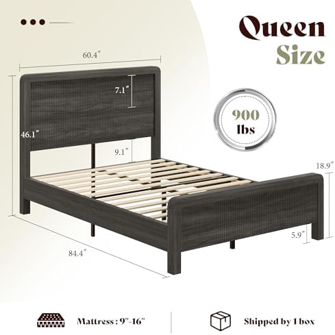 AMERLIFE Queen Wood Bed Frame with Fluted Headboard & Footboard, Black