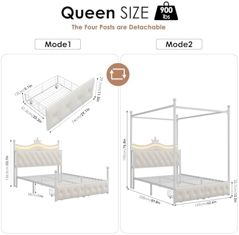 Keyluv Queen Size Upholstered LED Canopy Bed Frame with Charging Station and Drawer, Button Tufted Crown Headboard with Storage Shelf, Two-Purpose Removable Four Poster Design Platform Bed, Beige