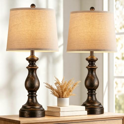 PARTPHONER Traditional Table Lamp Set of 2, Rustic Farmhouse Table Lamps for Living Room Bedroom, 27" Bedside Desk Lamps Vintage Nightstand Lamps with Linen Shades, Oil Rubbed Bronze
