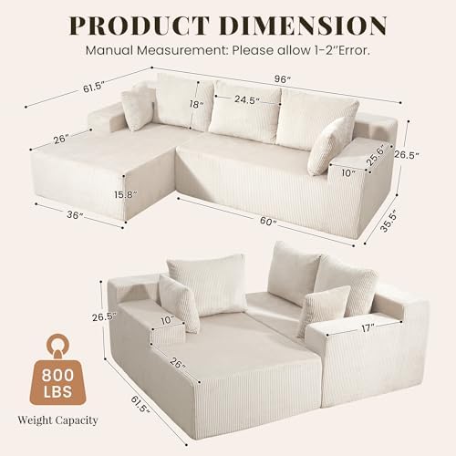 GRUSIGN Cloud Sectional Boneless Couches for Living Room, Modular L Shaped Couch with Deep Seat Oversized Left Facing Chaise, Memory Foam Compressed Spineless 3 Seater Sofa for Apartment, Beige