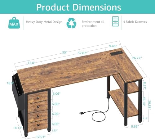 Lufeiya L Shaped Computer Desk with Drawers & Storage Shelves, 55 Inch Corner Desk with Power Outlet for Home Office Bedroom, L-Shaped Teen PC Gaming Desks with Fabric Drawer, Rustic Brown
