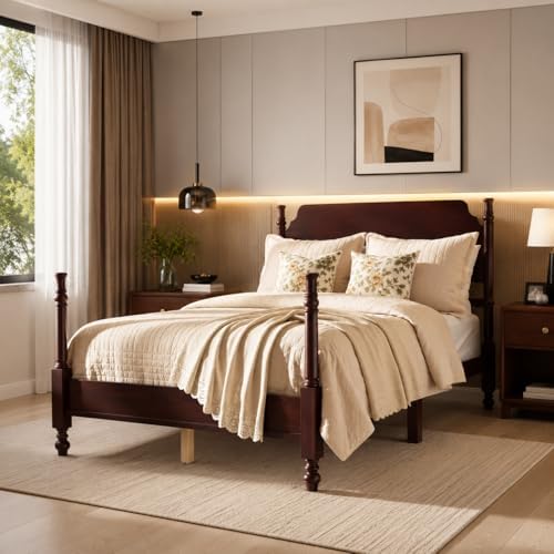 Vintage Wood Full Bed Frame, Traditional Spindle Platform with Tall Headboard, Dark Walnut Antique Style 4-Poster Design, Under Bed Storage, No Box Spring Needed