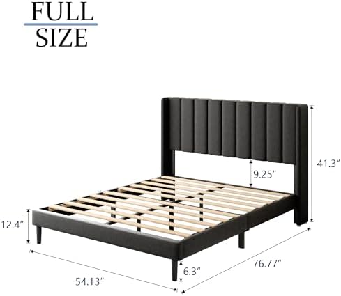 Gruwans Full Size Bed Frame with Upholstered Wingback Headboard, Easy Assemnly Platform Bed, Wooden Slat Support No Box Spring Needed, Dark Gray