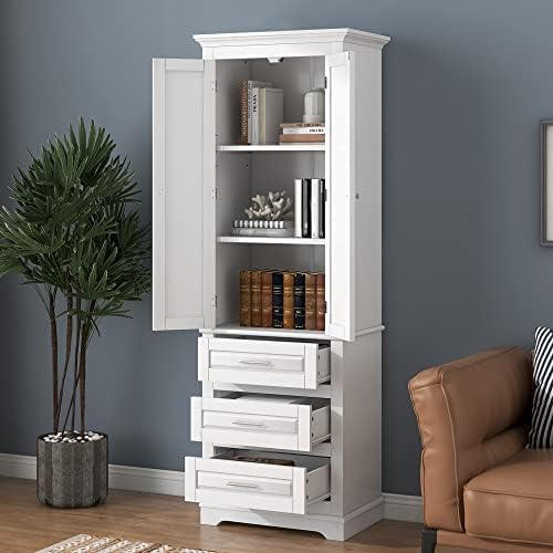 Polibi Tall Storage Cabinet with 3 Drawers, 3-Tier Adjustable Shelves & 2 Doors, Floor Freestanding Linen Cabinet for Bathroom, Living Room (White)