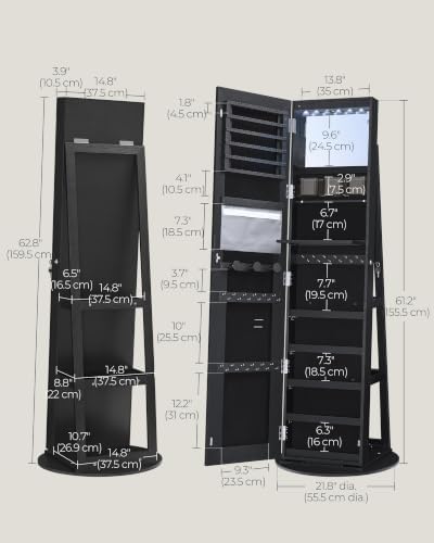 SONGMICS HOME LED Standing Jewelry Armoire, Vanity Mirror with Storage | Full Length Mirror with Lights, Lockable Large Jewelry Box, Space-Saving Jewelry Organizer, Gift Idea, Black UJJC008B01SH