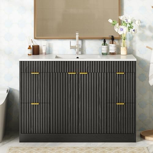 CARPETNAL 48 Inch Bathroom Vanity with Sink, Black. | Modern Fluted Bathroom Vanity with Sink with Storage Cabinet, Adjustable Shelf and 2 Soft Closing Doors & 4 Drawers.