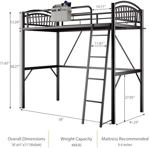 Decofy Metal Loft Bed Twin Size, Heavy Duty Loft Bed with Bedside Caddy, EVA Anti-Slip Ladder with Sturdy Guardrails, Space-Saving Twin Size Loft Bed for Teens & Adults for Bedroom Dorm (Black)
