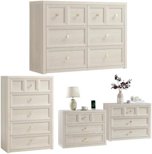 4-Piece Bedroom Set, 6 Drawer Dresser & 5 Drawer Tall Dresser and 3 Drawer King Size Nightstands Set of 2 with Charging Station, 4 Piece Farmhouse Wood Bedroom Dresser Sets,Grey White
