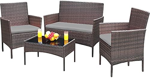 Greesum Patio Furniture 4 Pieces Conversation Sets,Brown and Gray