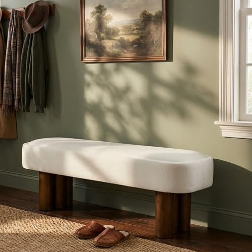 Christopher Knight Home Damas Fabric Upholstered Dining Bench, Wooden Entryway Bench, Long Sofa Footstool for Living Room, Bedroom End of Bed Bench, Milky White+Walnut