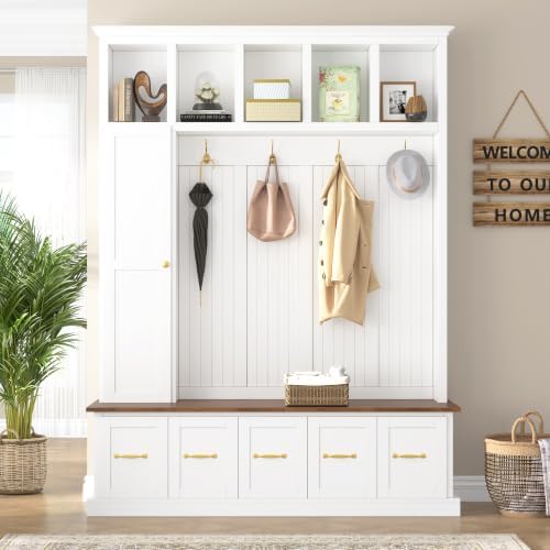 RuiSiSi Hall Tree with Bench and Shoe Storage, 5-in-1 Entryway Coat Rack with Drawer and Storage Cabinet, Ancient White