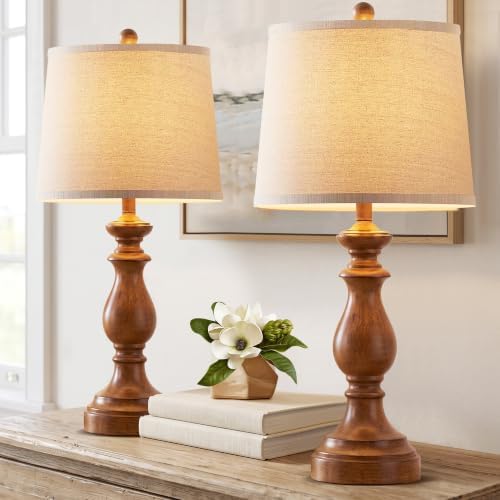 PARTPHONER Traditional Table Lamp Set of 2, Rustic Farmhouse Table Lamps for Living Room Bedroom, 27" Bedside Desk Lamps Vintage Nightstand Lamps with Linen Shades, Wood Grain