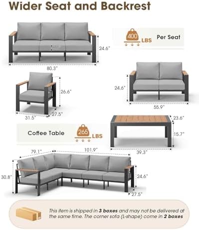 Aluminum Outdoor Patio Furniture Set 6 Seats, Outdoor Sectional Corner Sofa with Thick Waterproof Cushions & Coffee Table, Patio Conversation Sets for Backyard, Porch, Balcony, Deck, Gray
