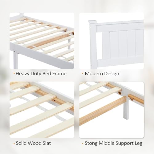 Bonnlo Twin Size Solid Wood Platform Bed Frame, Single Bed with Headboard, No Box Spring Needed Panel Bed, Wood Slat Support Mattress Foundation, White
