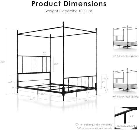 Furniture of America Vaeli Modern Metal Queen Size Four Poster Bed Frame with Spindles, Canopy Bedframe for Bedroom, Guest Room, Box Spring Required, Black