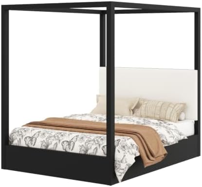 Queen Size Canopy Bed with Upholstered Headboard (Black)