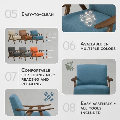 Lexicon Mid Century Modern Accent Chair with Solid Wood Frame in Walnut Finish, Upholstered Living Room Lounge Arm Chair, Thick and Comfy Innerspring Seat Cushion, Linen-Look Fabric, Blue