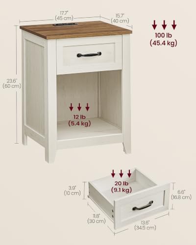 VASAGLE Farmhouse Nightstand with Charging Station, 1 Drawer