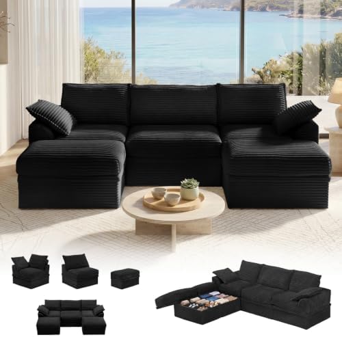 Modular Sectional Cloud Couch for Living Room, Corduroy 5-Seat U Shaped Upgraded Boneless Couch with 2 Ottomans, Throw Pillows, Memory Foam Sofa,Deep Seat,Compressed Box,No Assembly (107"-Black)