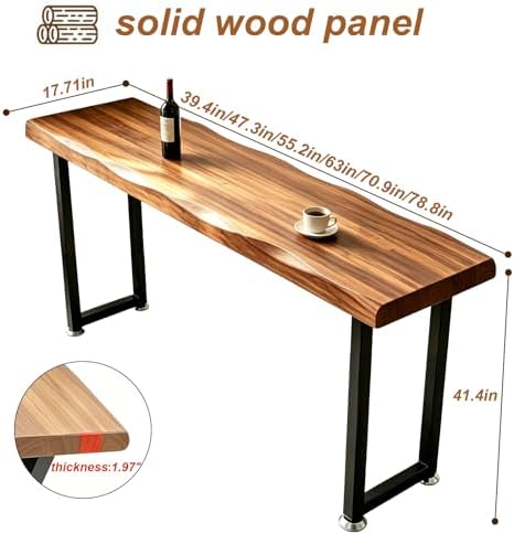 Bar Height Table Long Bar Table Solid Wood Farmhouse Bar Table Industrial Long Bar Height Table for Kitchen Coffee Shop, Pub, No Stool (Natural Wood Color, 78.8" L x 17.7" W x 41.3" H)