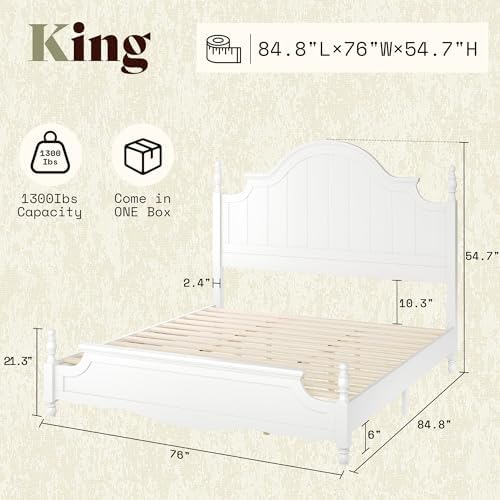 AMERLIFE King Solid Wood Poster Bed with Arched Headboard, White
