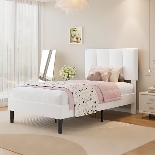 VECELO Twin Size Bed Frame with Upholstered Headboard, Pure White